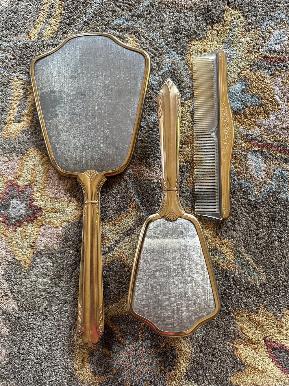 Vintage Gold Vanity Mirror & Brush Set with Comb
